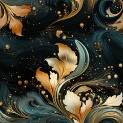 Gold swirl pattern on black seamless pattern