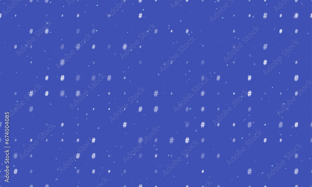 Poster seamless background pattern of evenly spaced white hash symbols of different sizes and opacity. vect