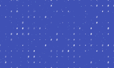 Naklejka na ściany i meble Seamless background pattern of evenly spaced white hash symbols of different sizes and opacity. Vector illustration on indigo background with stars