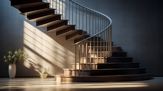 a winding staircase with a railing on either side - Powered by Adobe