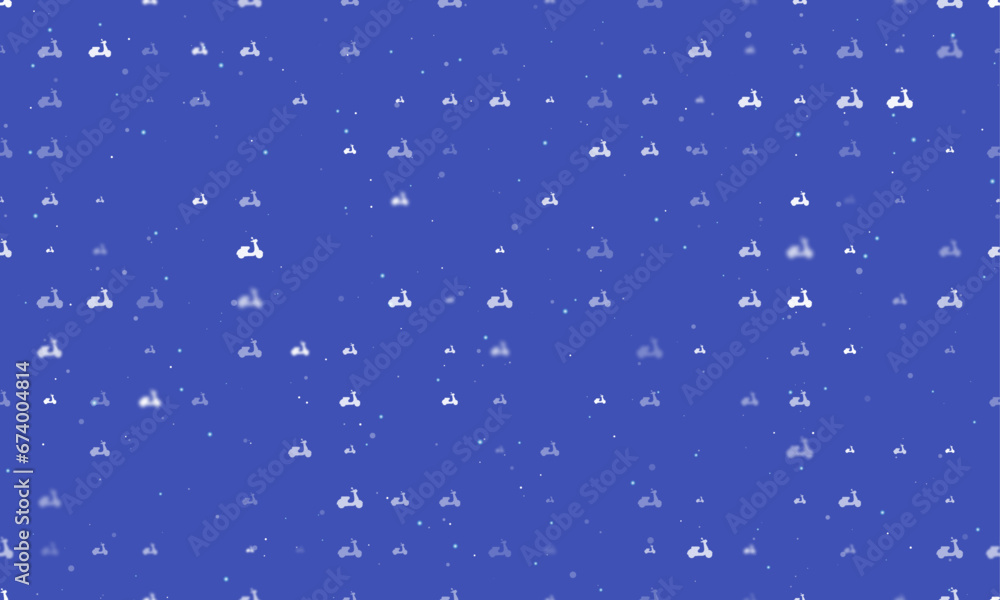Poster seamless background pattern of evenly spaced white scooter symbols of different sizes and opacity. v