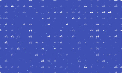 Seamless background pattern of evenly spaced white scooter symbols of different sizes and opacity. Vector illustration on indigo background with stars