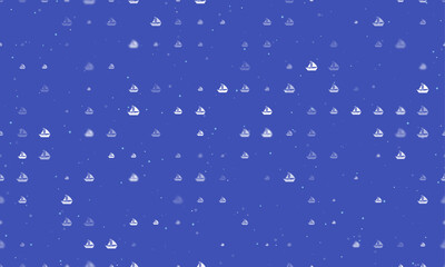 Seamless background pattern of evenly spaced white sailing boat symbols of different sizes and opacity. Vector illustration on indigo background with stars