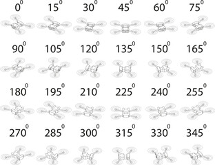 A set of 24 drones from different angles. Rotation of the drone in outline by 15 degrees for animation.   - obrazy, fototapety, plakaty
