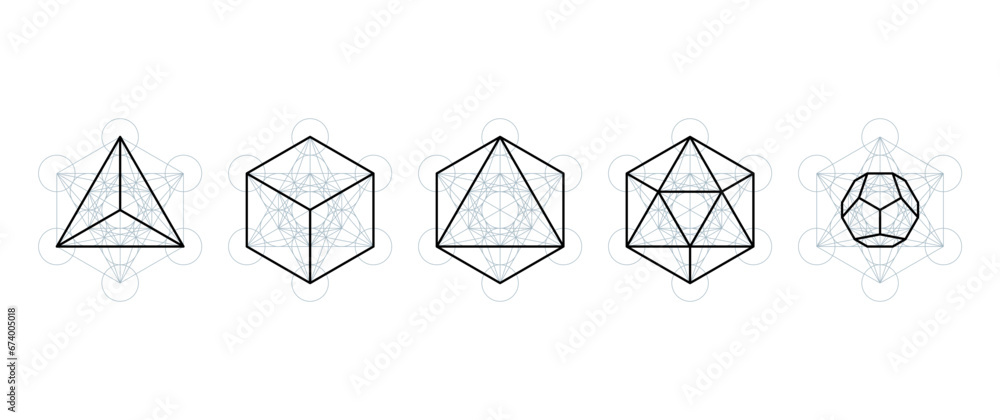 Poster platonic solids extracted from metatrons cube. regular polyhedrons contained in a mystical symbol, t