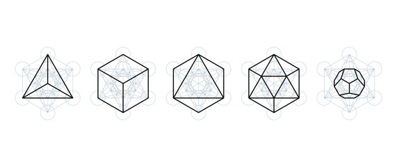 Platonic solids extracted from Metatrons cube. Regular polyhedrons contained in a mystical symbol, that is derived from the Flower of Life. Tetrahedron, cube, octahedron, icosahedron and dodecahedron.