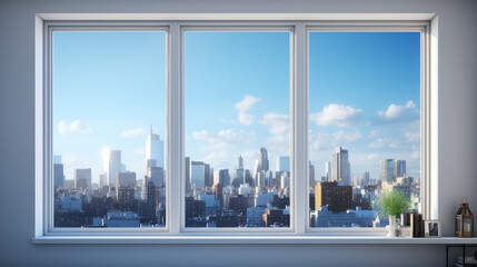 a window with a view of a city skyline