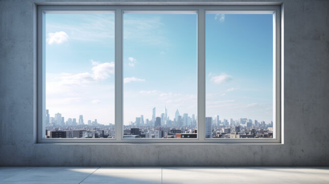 a window with a view of a city skyline