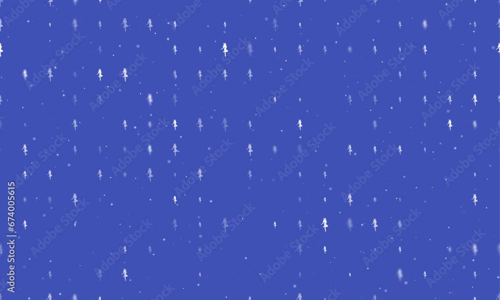 Poster seamless background pattern of evenly spaced white ballerina symbols of different sizes and opacity.