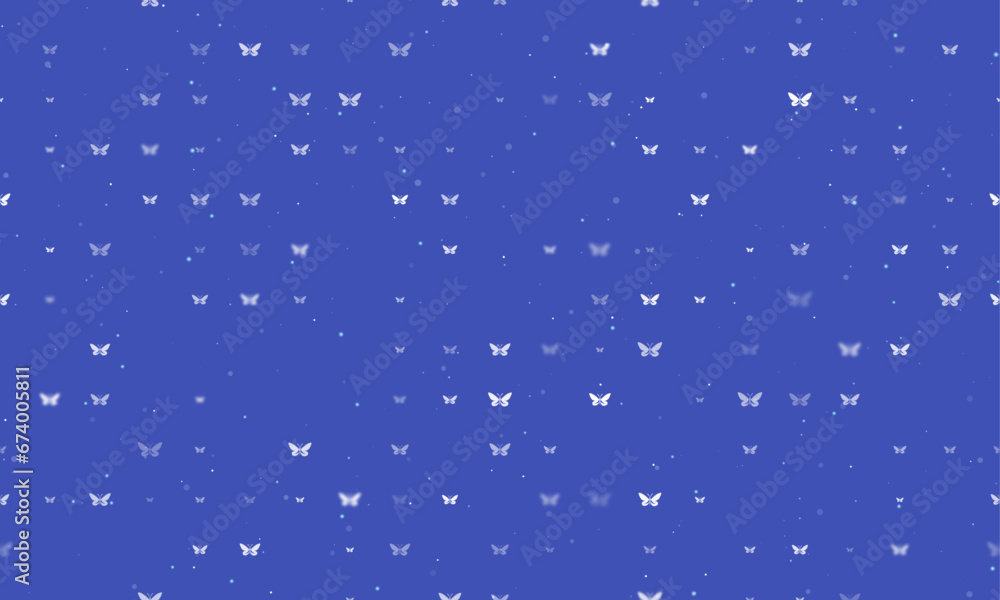 Poster seamless background pattern of evenly spaced white butterfly symbols of different sizes and opacity.