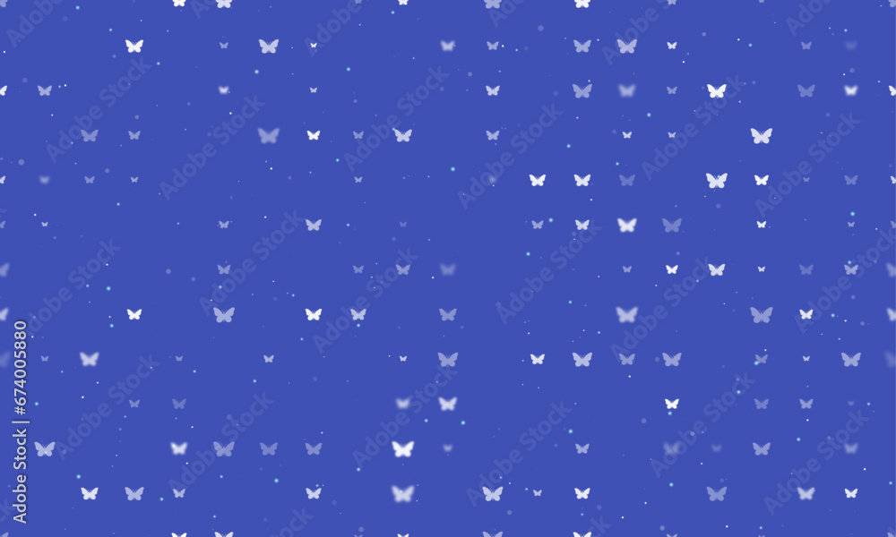 Poster seamless background pattern of evenly spaced white butterfly symbols of different sizes and opacity.