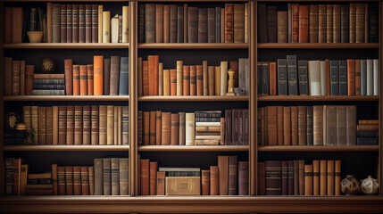 a wooden bookshelf filled with books - obrazy, fototapety, plakaty