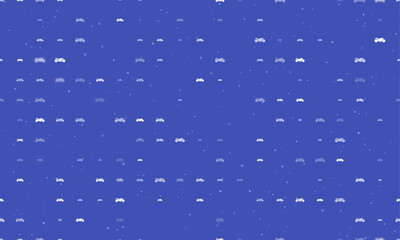 Seamless background pattern of evenly spaced white bike symbols of different sizes and opacity. Vector illustration on indigo background with stars