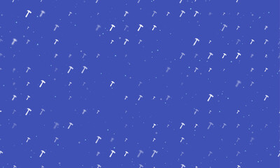 Seamless background pattern of evenly spaced white hammer symbols of different sizes and opacity. Vector illustration on indigo background with stars