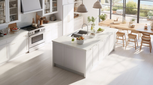 Aerial View Of A Bright And Airy Kitchen With White Cabinets And A Center Island And A Marble Countertop