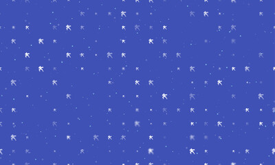 Naklejka na ściany i meble Seamless background pattern of evenly spaced white combat robots of different sizes and opacity. Vector illustration on indigo background with stars