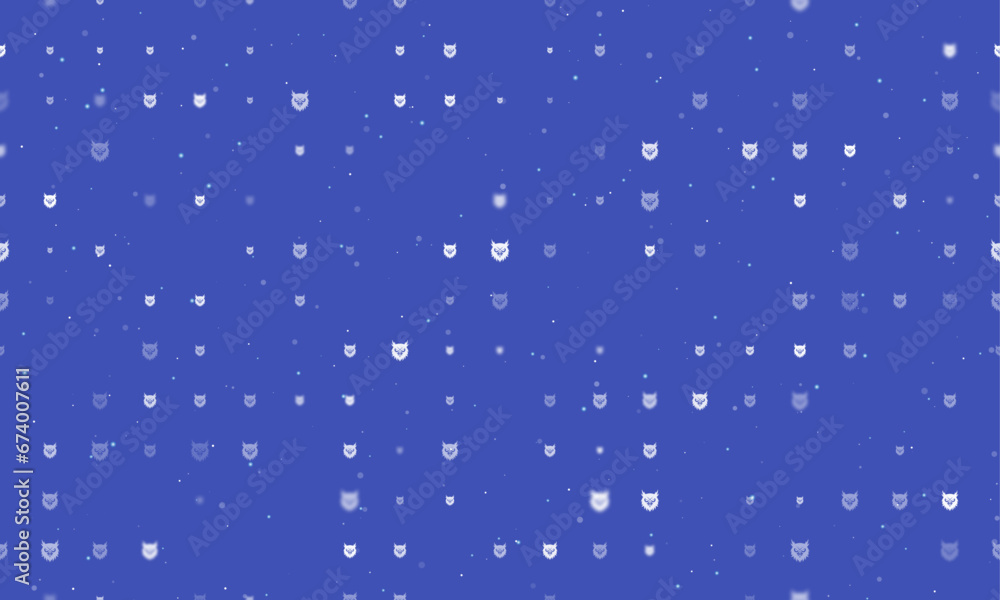 Poster seamless background pattern of evenly spaced white owl head symbols of different sizes and opacity. 