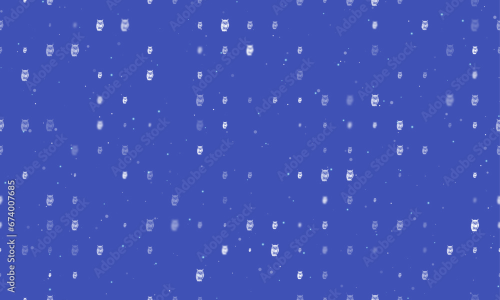 Poster seamless background pattern of evenly spaced white owl symbols of different sizes and opacity. vecto