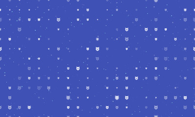 Seamless background pattern of evenly spaced white owl head symbols of different sizes and opacity. Vector illustration on indigo background with stars