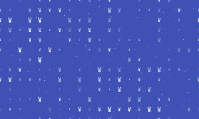 Seamless background pattern of evenly spaced white cute hare head symbols of different sizes and opacity. Vector illustration on indigo background with stars