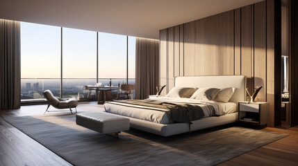 Aerial view of a luxurious contemporary bedroom with a king-sized bed and a large window