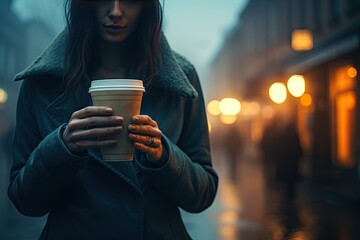 woman holding coffee cup in fog city Generative AI - obrazy, fototapety, plakaty