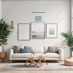 Interior of modern living room with white sofa, coffee table and plants. Poster on a white wall in modern Boho-style living room.
