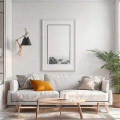Modern living room interior with mock up poster frame. Poster on a white wall in modern Boho-style living room.