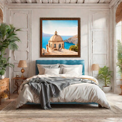 a beautiful bedroom with a large bed and a painting on the wall. Poster frame in the bedroom in Mediterranean Style. 