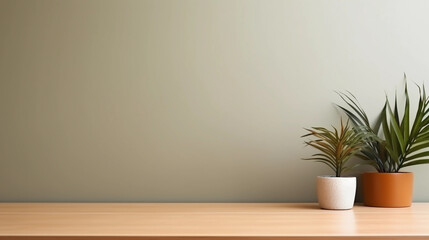 Fototapeta premium Earth tone wall with table and plants for product display.