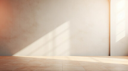 Minimal empty white room with tiles. Interior with light and shadow from window. Beige concrete texture wall copy space.