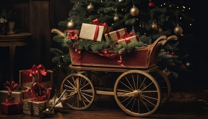 Photo of a Festive Christmas Tree with Colorful Presents in a Charming Wagon