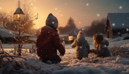 Fototapeta na wymiar Photo of a Joyful Winter Wonderland: Children Delight in Snowy Adventures