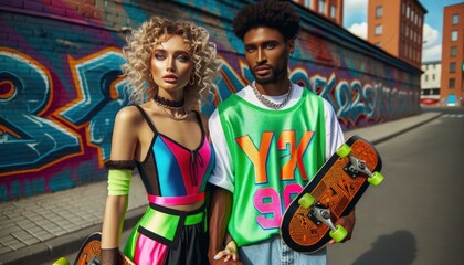 Obraz na płótnie Canvas In the midst of a retro y2k-inspired outdoor art scene, a smiling couple poses in front of a vibrant graffiti mural, their painted clothing adding to the nostalgic and whimsical atmosphere
