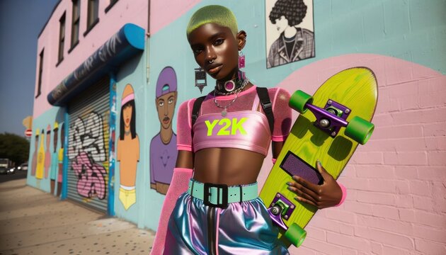 A stylish and playful woman, adorned in retro y2k fashion, poses with a skateboard against a vibrant outdoor wall, evoking feelings of nostalgia and carefree youth in this whimsical cartoon