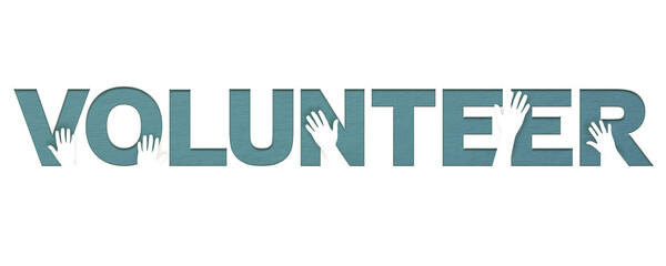 International Volunteer Day greeting banner. IVD awareness concept. National Volunteer Month. Hands of support and text on white.