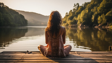 Young woman meditating on a wooden pier on the edge of a lake to improve her mental health. View...