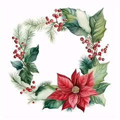 Foto op Plexiglas Christmas floral frame. Watercolor border for holiday greeting card and invitation with Poinsettia, fir branches, holly berries, coins © Muhammad