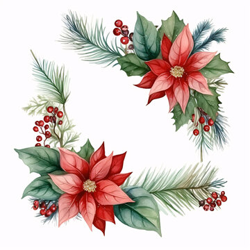 Christmas floral frame. Watercolor winter border for greeting card and invitation. Illustration isolated on white background. Hand painted botanical plant. Poinsettia, fir branches, holly jolly, coins