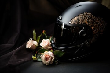 Helmet set with gothic atmosphere, with a bouquet of pink flowers. AI generated