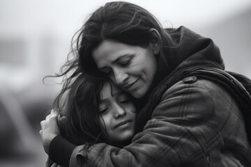 Refugee mother woman gently embraces her daughter. Poor homeless people, happy with together - obrazy, fototapety, plakaty