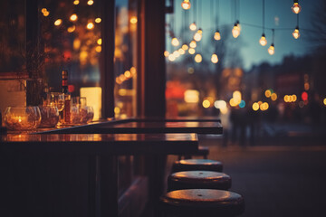 Outdoor street evening bar, blurred defocused background with lights showcase, bar counter, table, high chairs, copy space