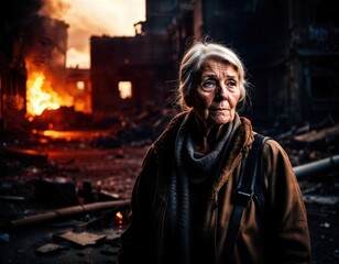sad elderly woman among destroyed housing