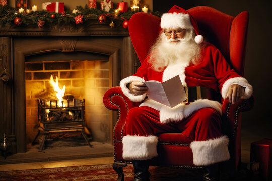Santa Claus reading children's letters while resting in an armchair in his house