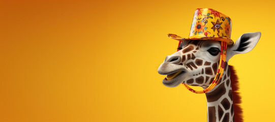 Banner with cartoon cute and funny giraffe head in Mexican hat sombrero, isolated on bright empty yellow backdrop with copy space