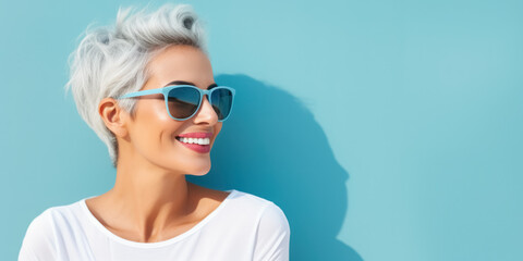 Banner with close up portrait of happy, smiling adult woman in sunglasses with gray hair and modern short haircut against soft blue wall and shadow from sun, copy space