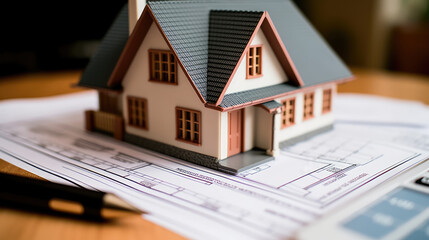 House layout on the table against the background of an architectural drawing, background house plan