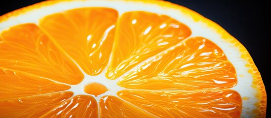 A close up picture of a segment of an orange