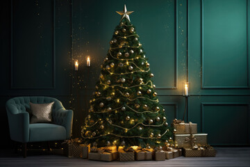 Fototapeta premium Modern cozy armchair and christmas tree decorated with golden balls, garlands and star on green wall background. Many gift boxes with ribbons on wooden floor, new year's home decor