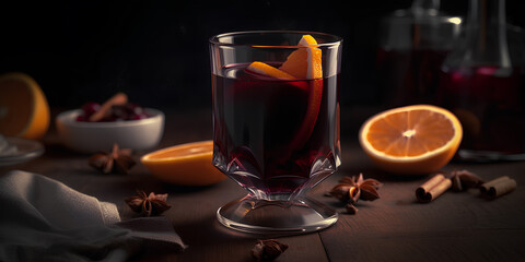 Glass mug of mulled wine with ingredients on the wooden table on dark background